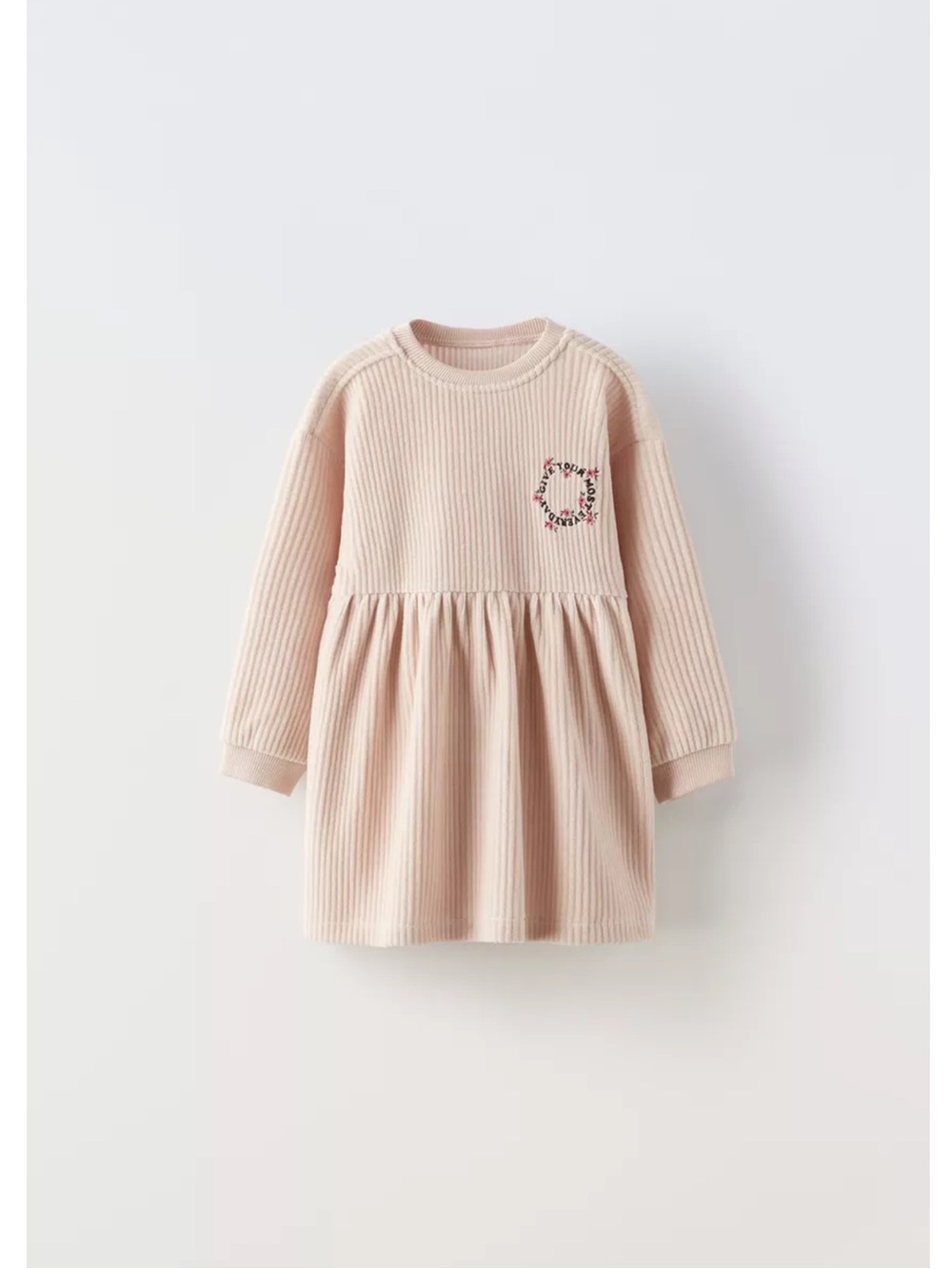 ZARA Kids Pale Pink Corduroy Dress with Floral Embroidery